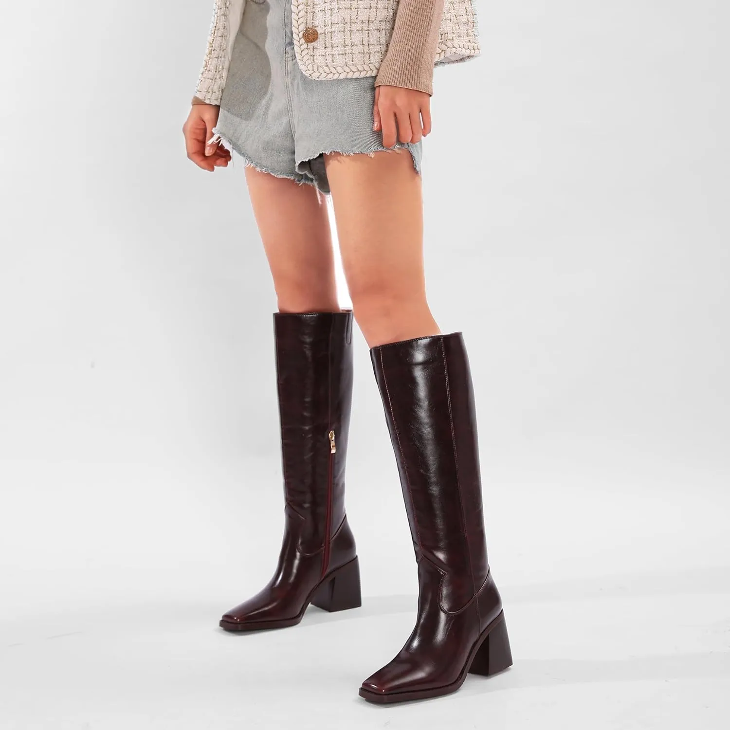 Burgundy Knee High Boots for Women Square Toe Chunky Block Heeled Wide Calf Boots Fall Tall Long Boots with Zipper