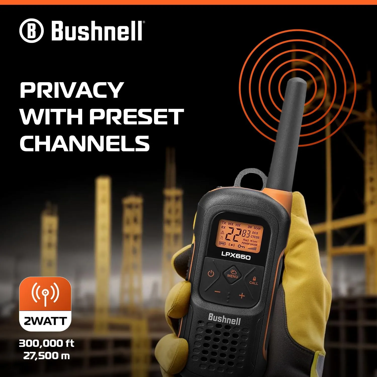 Bushnell LPX650 Walkie Talkie Radio - Reliable Quality, Rugged Floating Design, 2W Power for 42 Miles of Range, Two Way Radios Equipped for Wherever Life Takes You (2 Pack)