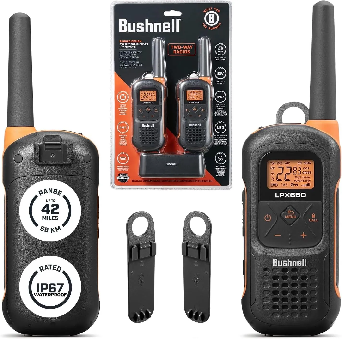 Bushnell LPX650 Walkie Talkie Radio - Reliable Quality, Rugged Floating Design, 2W Power for 42 Miles of Range, Two Way Radios Equipped for Wherever Life Takes You (2 Pack)