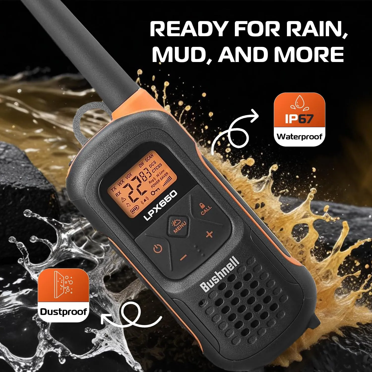 Bushnell LPX650 Walkie Talkie Radio - Reliable Quality, Rugged Floating Design, 2W Power for 42 Miles of Range, Two Way Radios Equipped for Wherever Life Takes You (2 Pack)