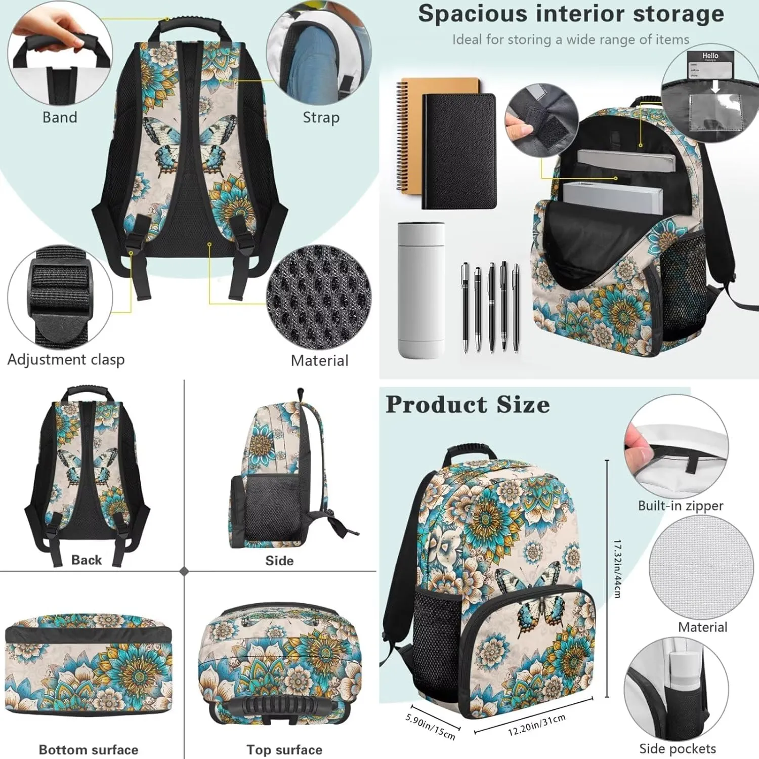 Butterfly Boho Flower Backpack for Kids Girls 3 Pack School Bag with Reusable Lunchbox Bag Pencil Case Set Preschool Kindergarten Toddler Backpack Set