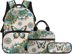 Butterfly Boho Flower Backpack for Kids Girls 3 Pack School Bag with Reusable Lunchbox Bag Pencil Case Set Preschool Kindergarten Toddler Backpack Set