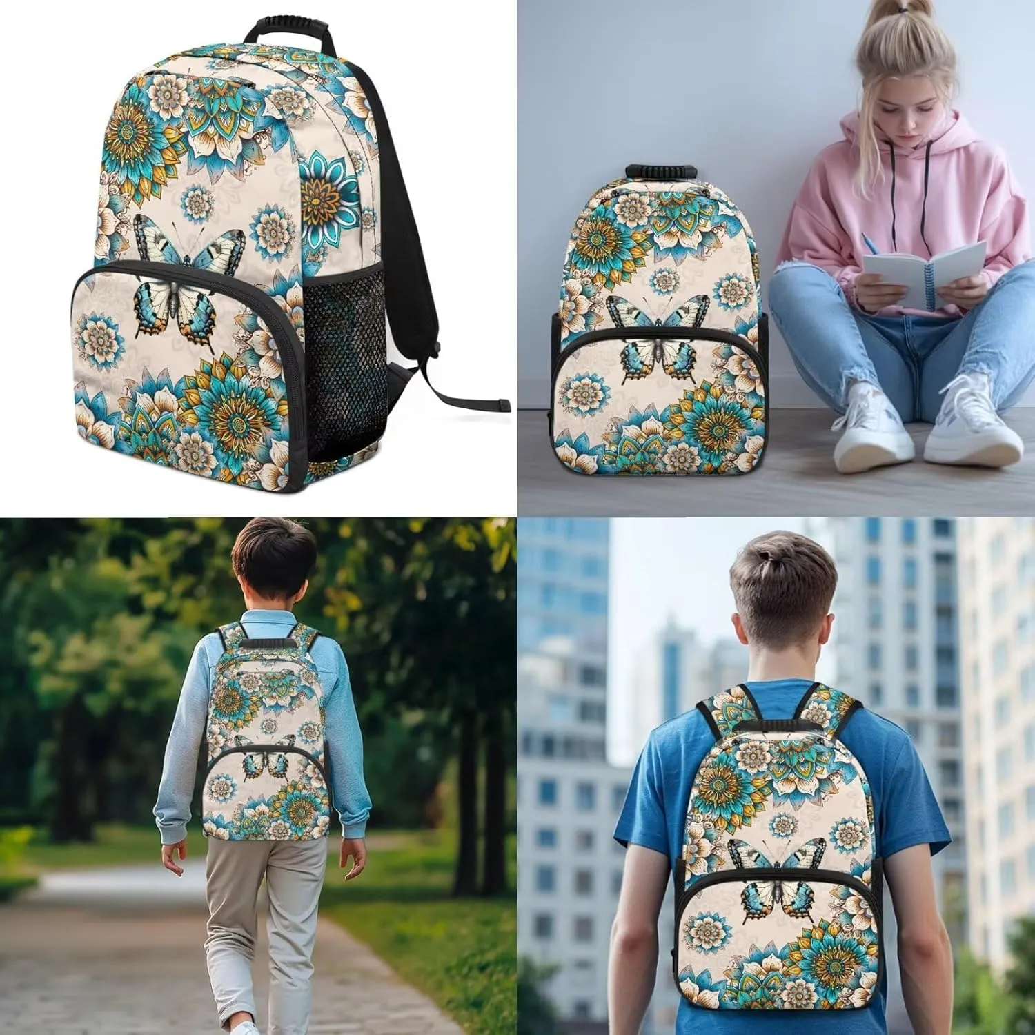 Butterfly Boho Flower Backpack for Kids Girls 3 Pack School Bag with Reusable Lunchbox Bag Pencil Case Set Preschool Kindergarten Toddler Backpack Set