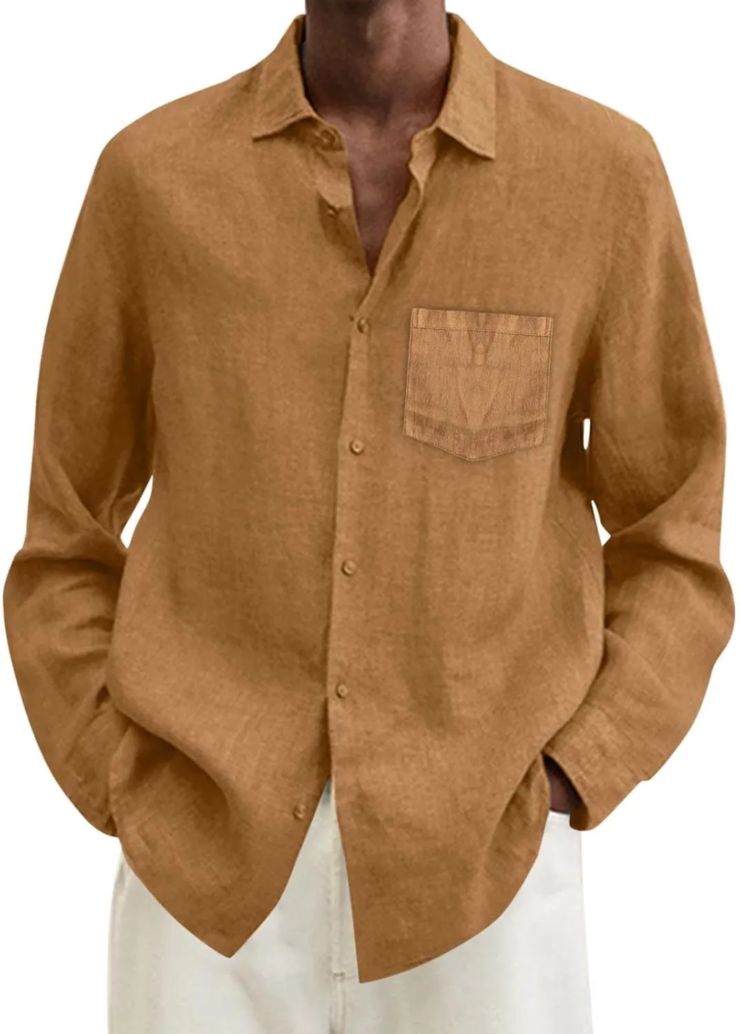 Button Down Linen Shirts for Men Casual Long Sleeve Button Down Regular Fit Beach Shirt Dress Lapel Collar Beach Tops