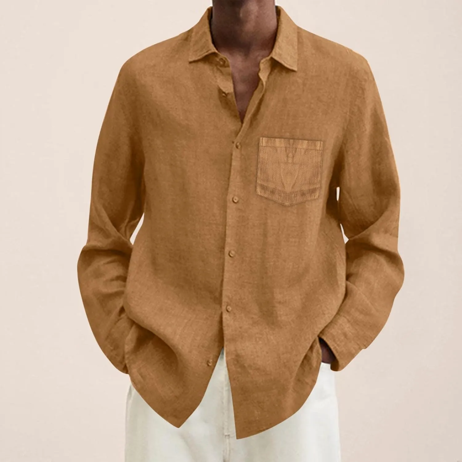 Button Down Linen Shirts for Men Casual Long Sleeve Button Down Regular Fit Beach Shirt Dress Lapel Collar Beach Tops