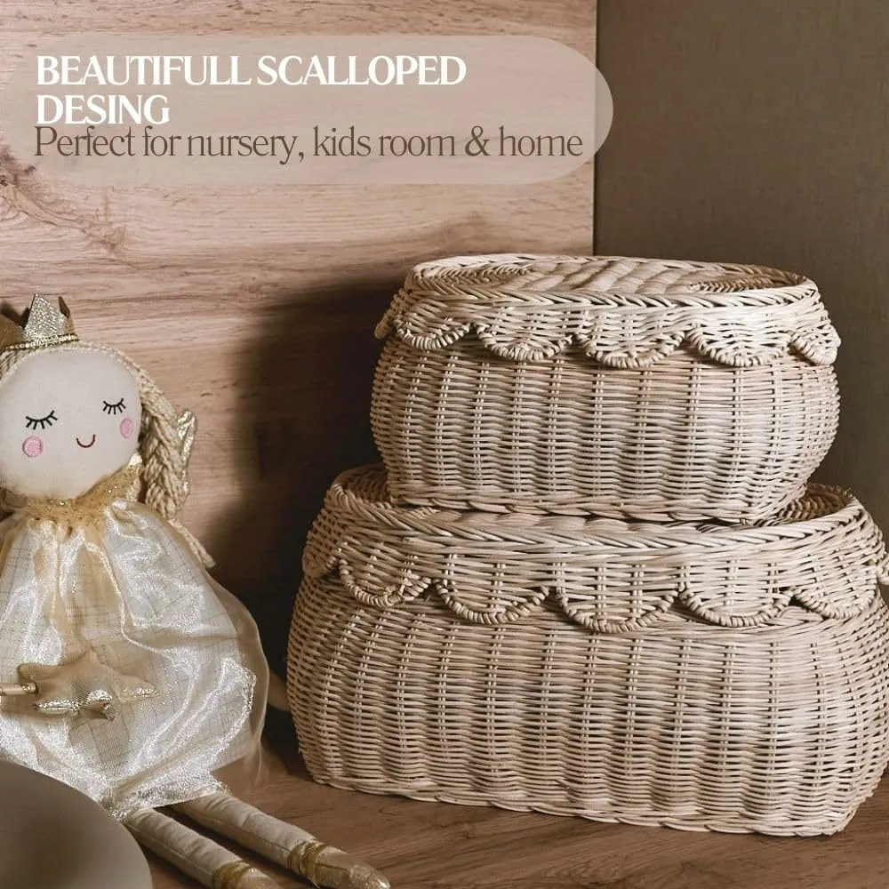 CAALMA Scalloped Basket - Set of 2 Rattan Basket - Wicker Storage Basket with Lid - Decorative Small scalloped baskets - Woven Baskets with Lids - Round Wicker Baskets for Nursery - Scallop Basket