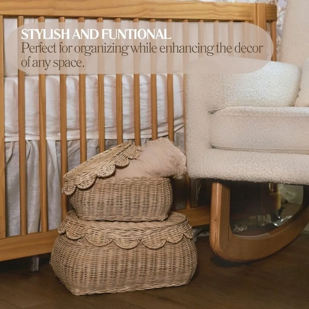 CAALMA Scalloped Basket - Set of 2 Rattan Basket - Wicker Storage Basket with Lid - Decorative Small scalloped baskets - Woven Baskets with Lids - Round Wicker Baskets for Nursery - Scallop Basket