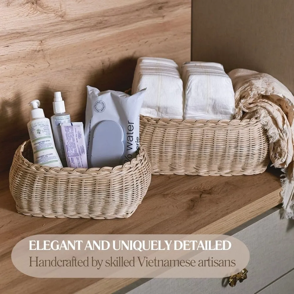 CAALMA Scalloped Basket - Set of 2 Rattan Basket - Wicker Storage Basket with Lid - Decorative Small scalloped baskets - Woven Baskets with Lids - Round Wicker Baskets for Nursery - Scallop Basket