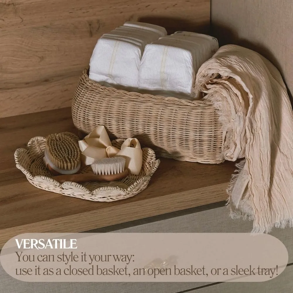 CAALMA Scalloped Basket - Set of 2 Rattan Basket - Wicker Storage Basket with Lid - Decorative Small scalloped baskets - Woven Baskets with Lids - Round Wicker Baskets for Nursery - Scallop Basket