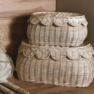 CAALMA Scalloped Basket - Set of 2 Rattan Basket - Wicker Storage Basket with Lid - Decorative Small scalloped baskets - Woven Baskets with Lids - Round Wicker Baskets for Nursery - Scallop Basket