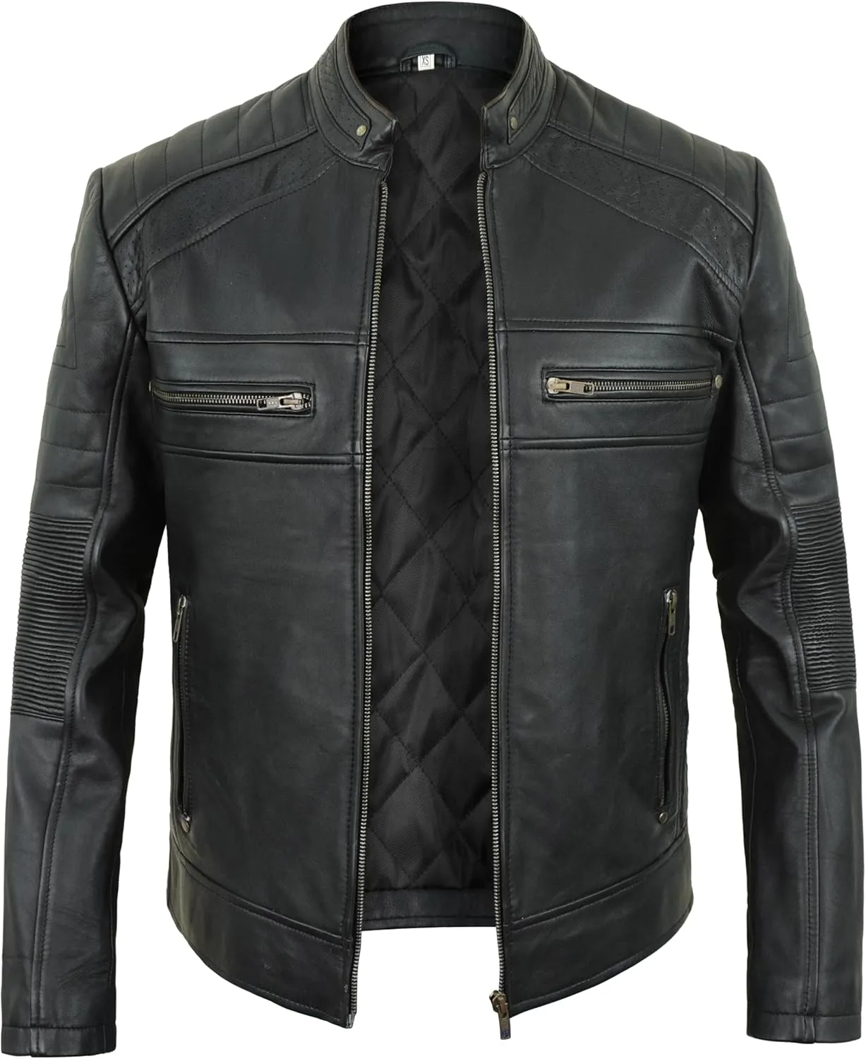Cafe Racer Leather Jacket Men - Biker Style Moto Racer Mens Leather Motorcycle Jacket