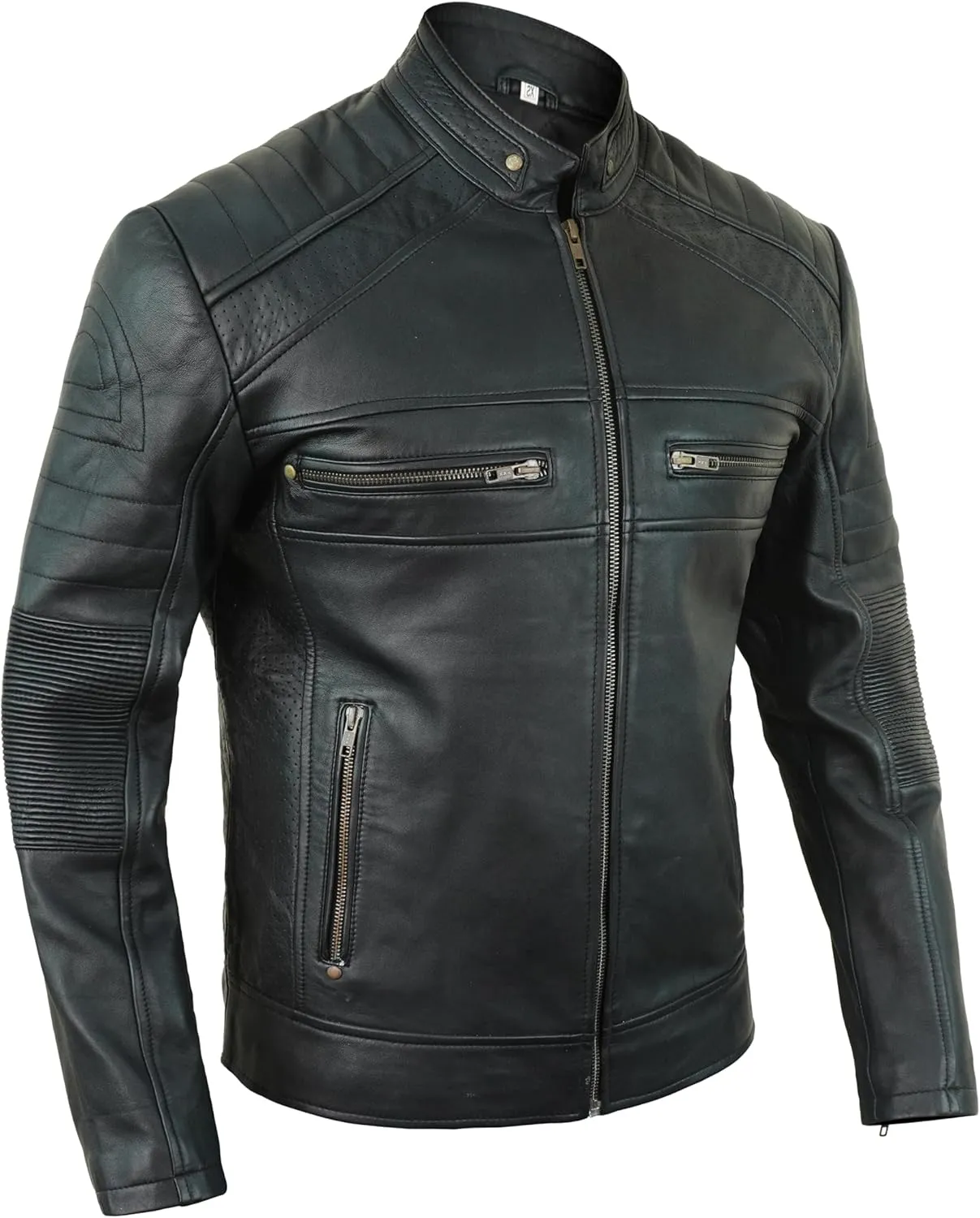 Cafe Racer Leather Jacket Men - Biker Style Moto Racer Mens Leather Motorcycle Jacket