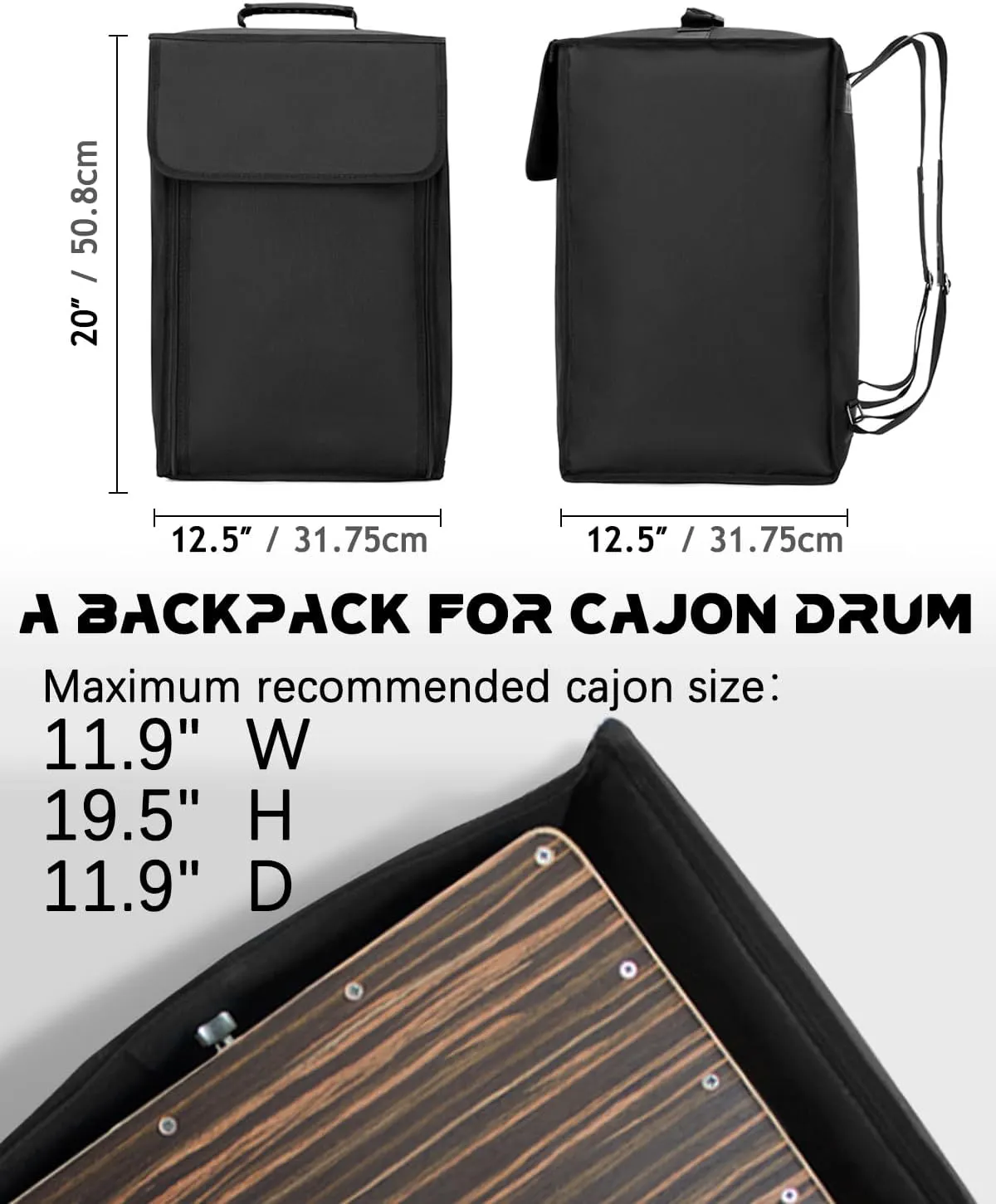 Cajon Box Drum Bag with Carry Handle and Shoulder Straps(20 × 12.5 × 12.5 inches)