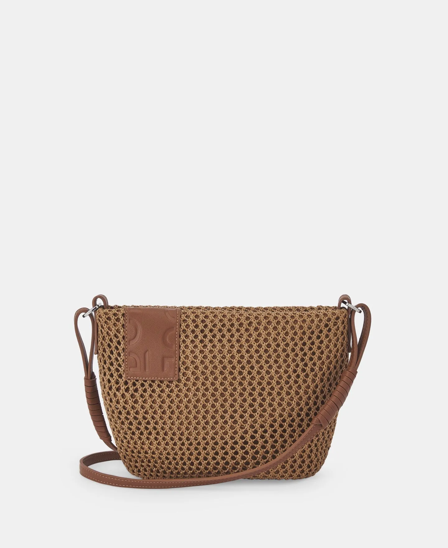 Camel Openwork Raffia Shoulder Bag