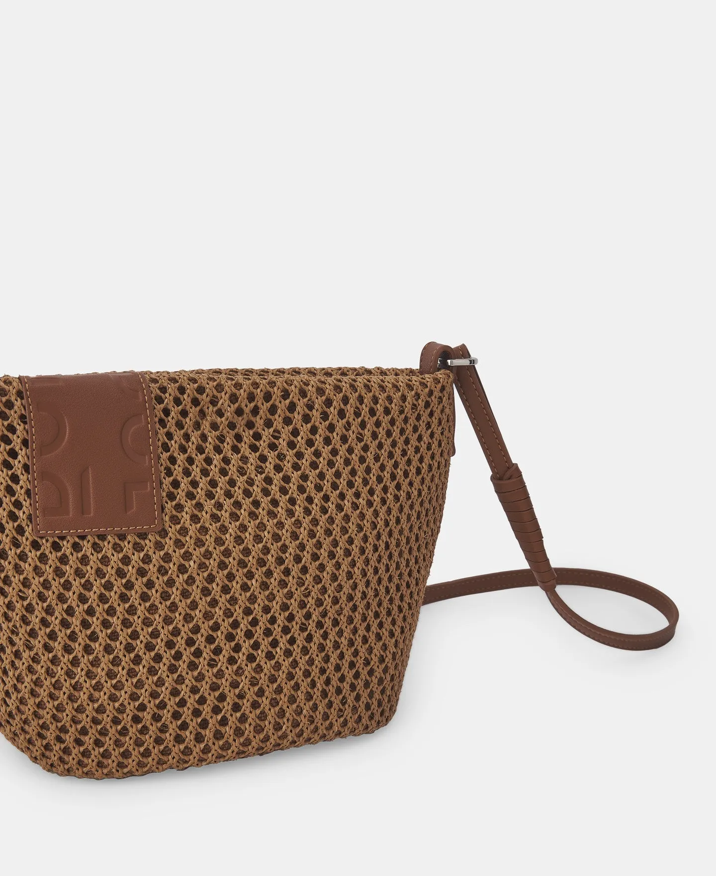 Camel Openwork Raffia Shoulder Bag