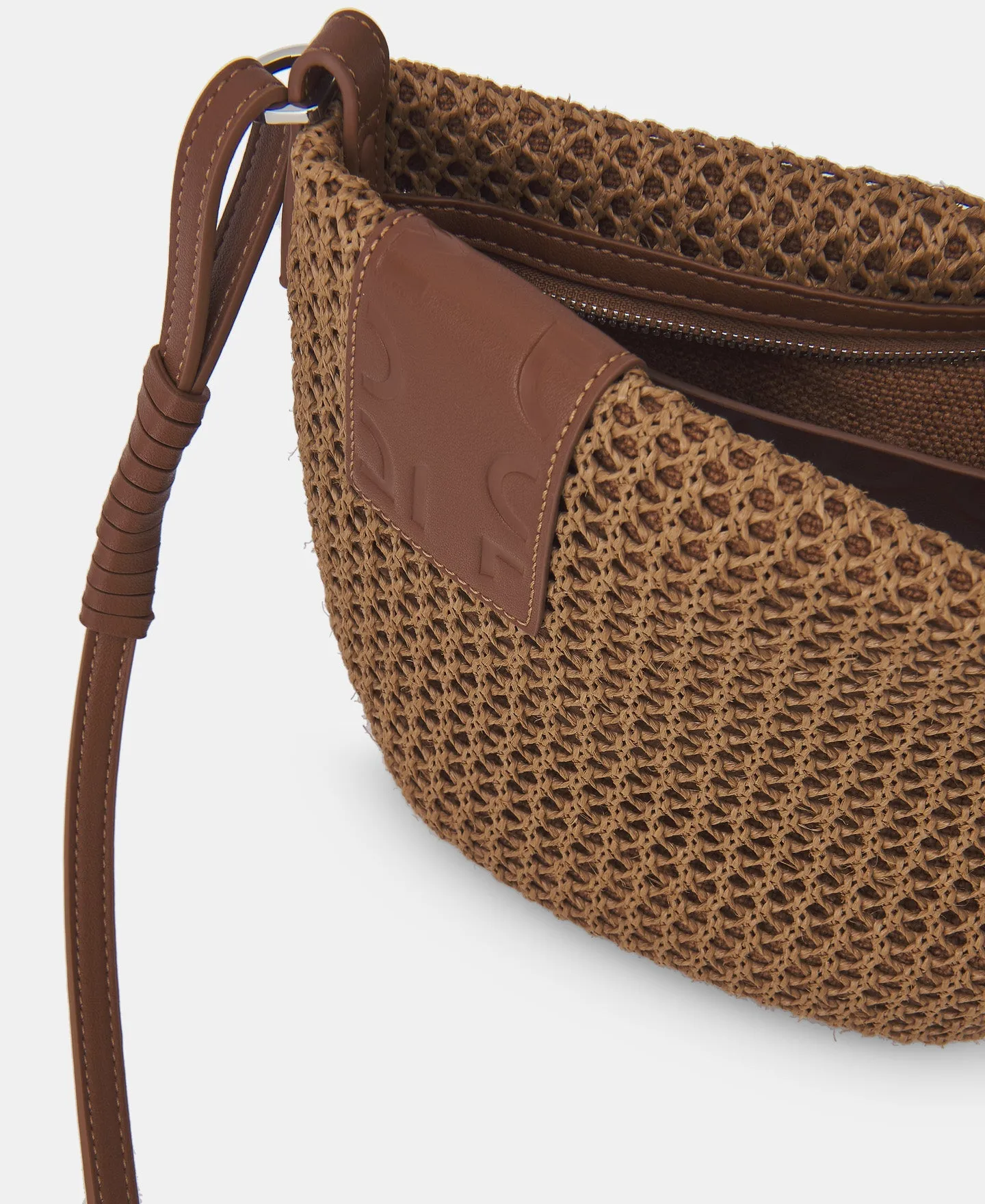 Camel Openwork Raffia Shoulder Bag