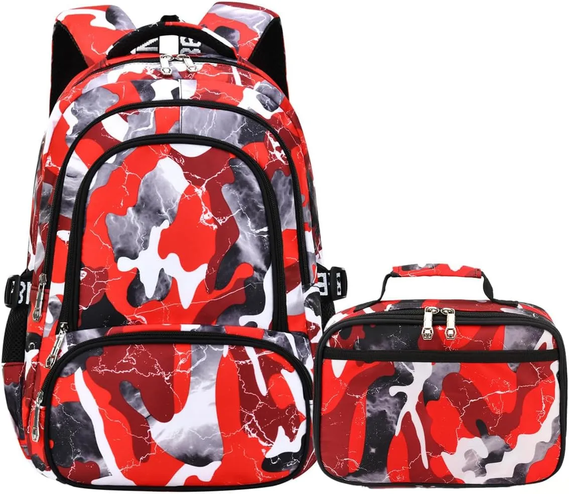 Camo Backpack for Kids, Lightweight Camo Backpack Elementary Middle School Backpack Water Repellent Bookbag (Camo Red 2 in 1)