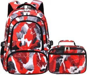 Camo Backpack for Kids, Lightweight Camo Backpack Elementary Middle School Backpack Water Repellent Bookbag (Camo Red 2 in 1)