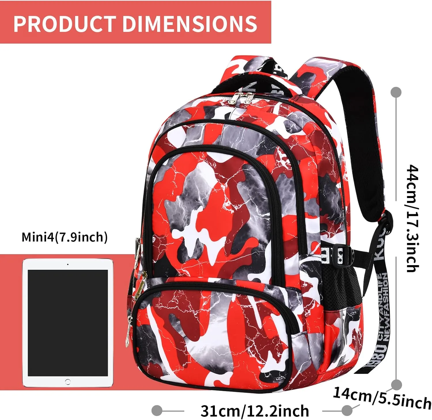 Camo Backpack for Kids, Lightweight Camo Backpack Elementary Middle School Backpack Water Repellent Bookbag (Camo Red 2 in 1)