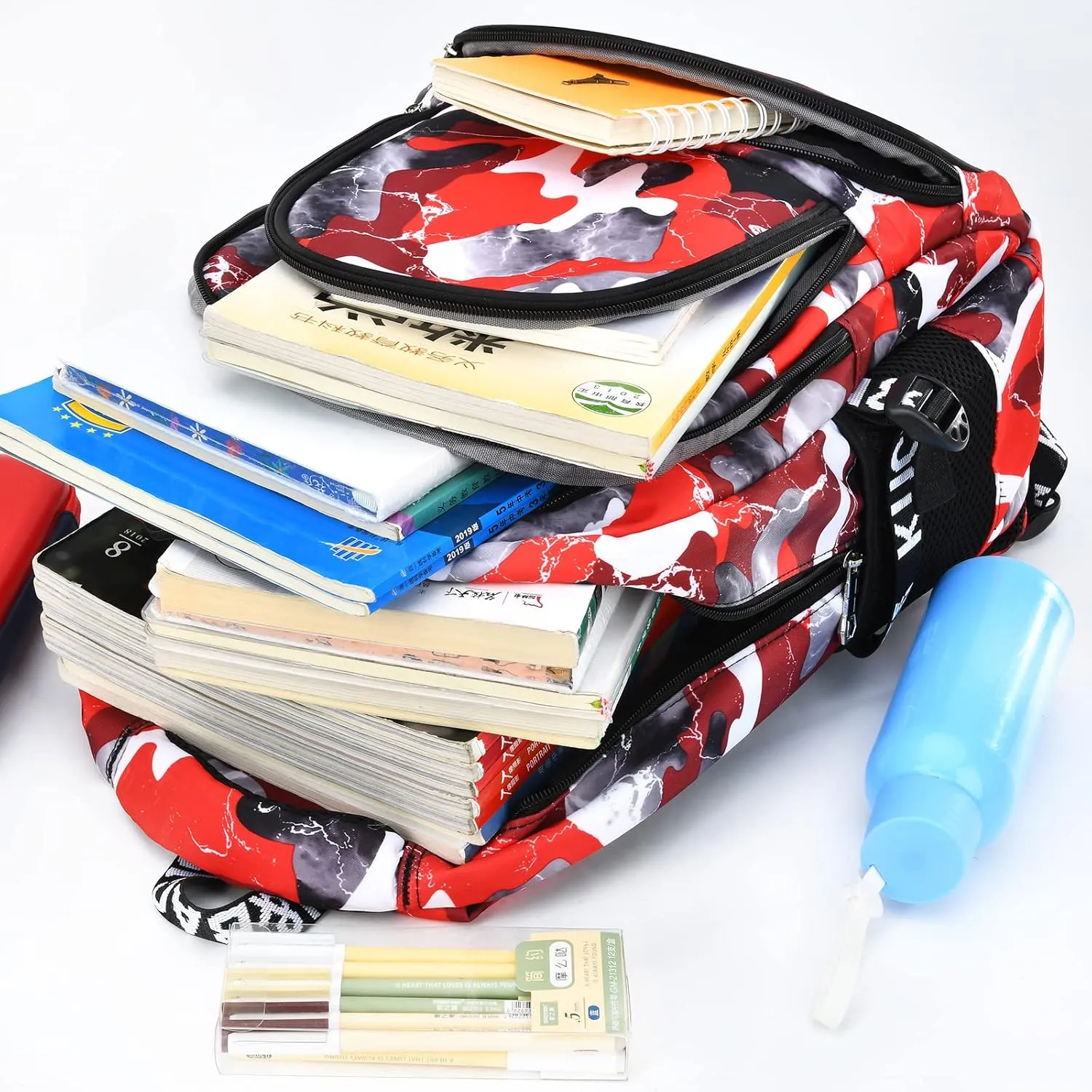 Camo Backpack for Kids, Lightweight Camo Backpack Elementary Middle School Backpack Water Repellent Bookbag (Camo Red 2 in 1)