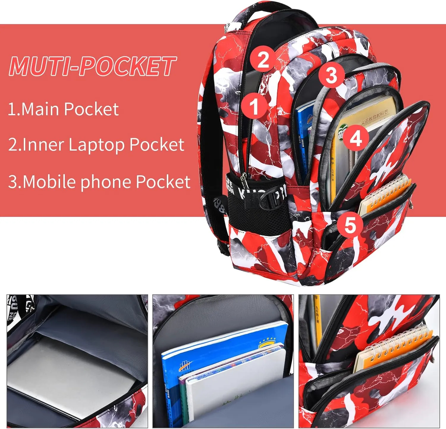 Camo Backpack for Kids, Lightweight Camo Backpack Elementary Middle School Backpack Water Repellent Bookbag (Camo Red 2 in 1)