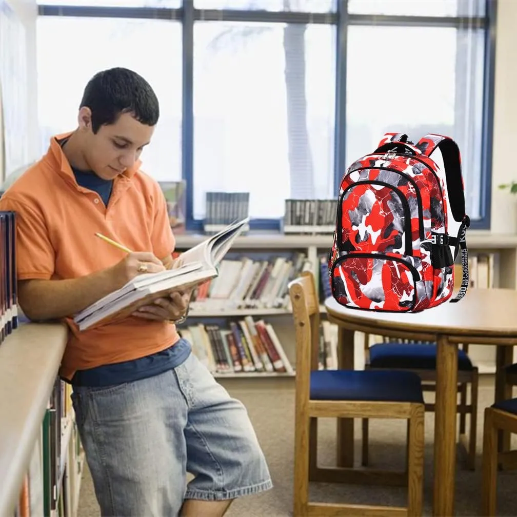 Camo Backpack for Kids, Lightweight Camo Backpack Elementary Middle School Backpack Water Repellent Bookbag (Camo Red 2 in 1)