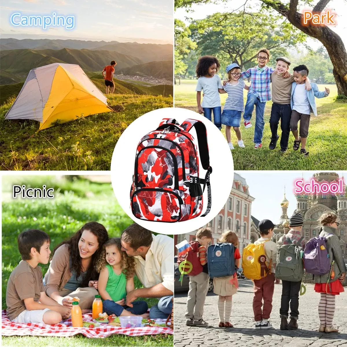 Camo Backpack for Kids, Lightweight Camo Backpack Elementary Middle School Backpack Water Repellent Bookbag (Camo Red 2 in 1)