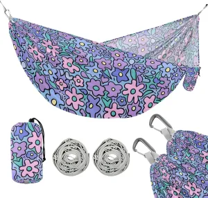 Camping Hammock Outdoor Hammocks for Outside Purple Flowers Cartoon Beach Trees Portable Lightweight with Pockets Tree Straps Indoor