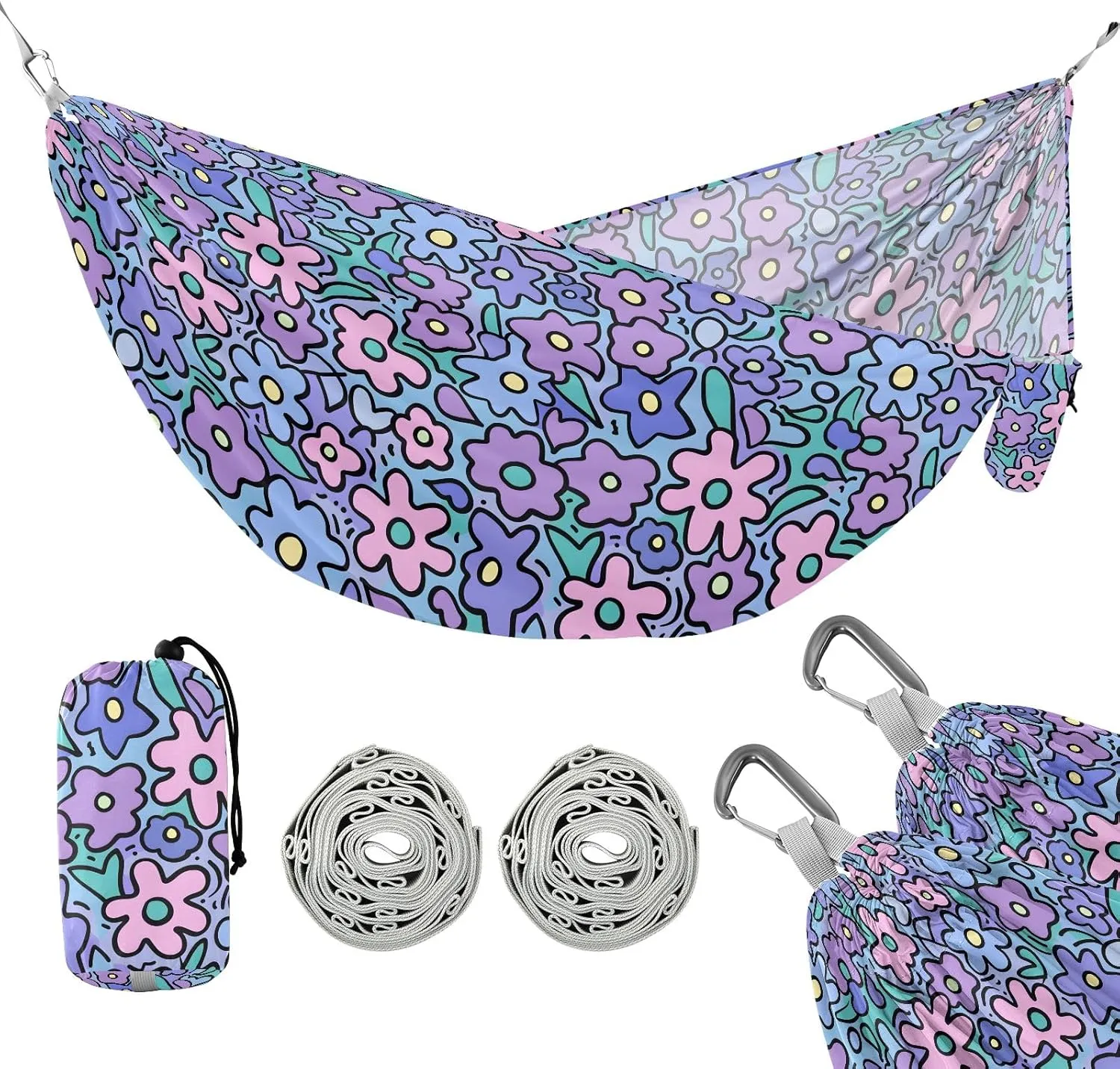Camping Hammock Outdoor Hammocks for Outside Purple Flowers Cartoon Beach Trees Portable Lightweight with Pockets Tree Straps Indoor