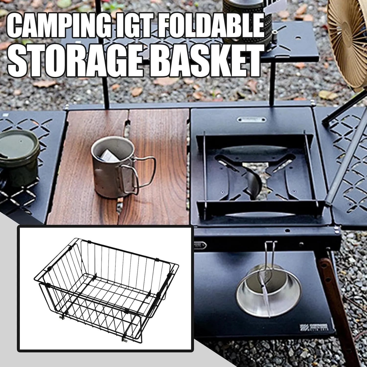 Camping Wire Basket, Metal Basket Organizer For Camping Table, Folding Table Storage Rack Under Table Storage Bag Basket, Camping Travel Accessories Household Container Bins, Black