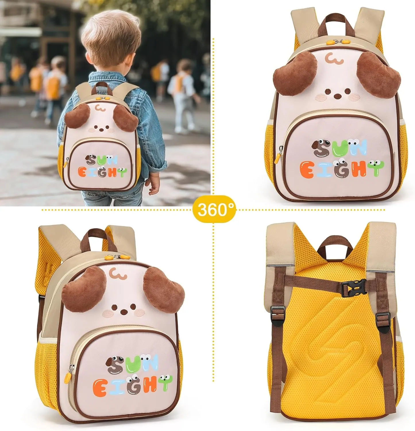 CAMTOP Cute Kids Toddler Backpack Small 3D Cartoon School Bookbags Age 1-3 Daycare Nursary Travel Bags (Puppy-Khaki)