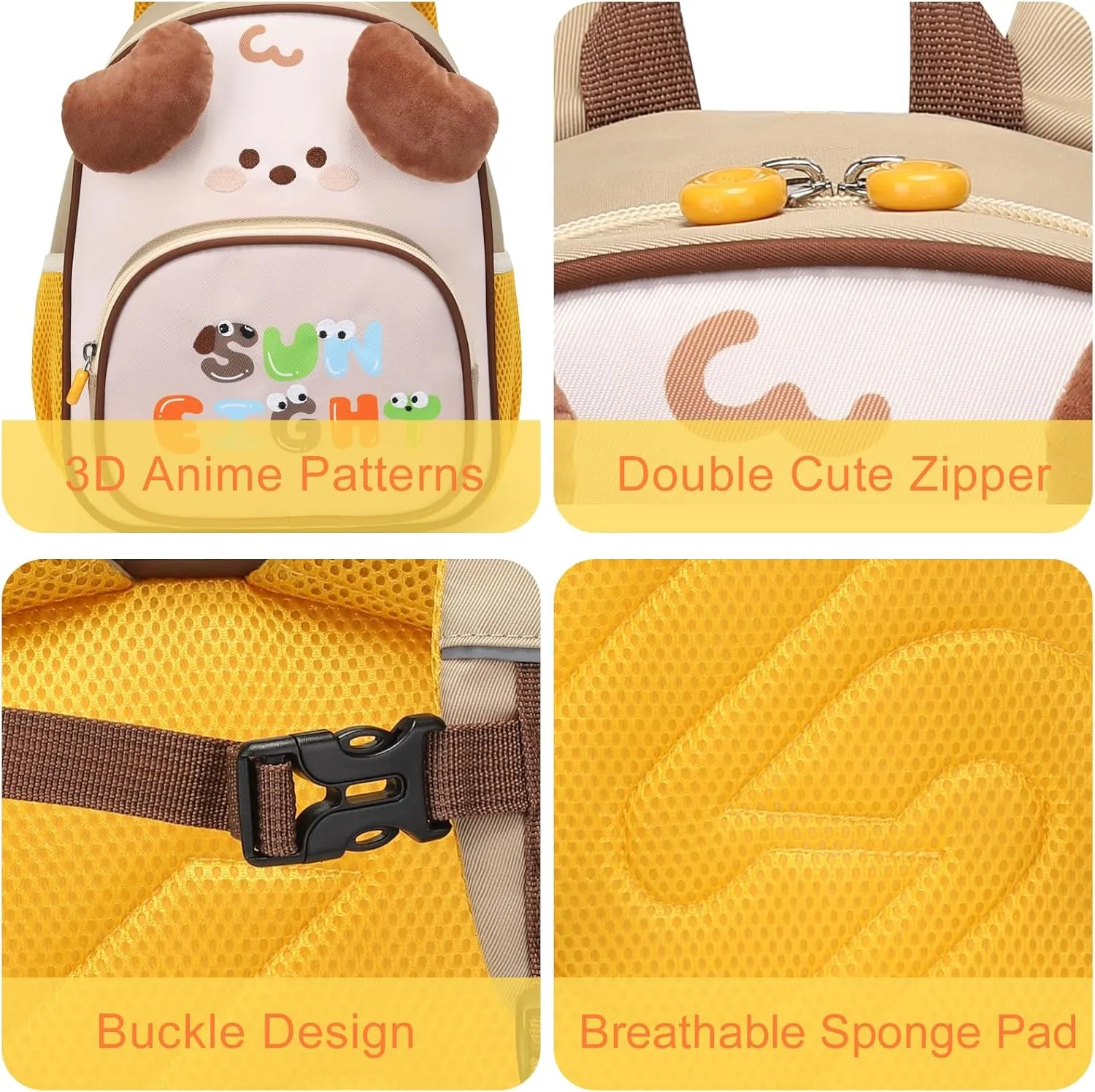 CAMTOP Cute Kids Toddler Backpack Small 3D Cartoon School Bookbags Age 1-3 Daycare Nursary Travel Bags (Puppy-Khaki)