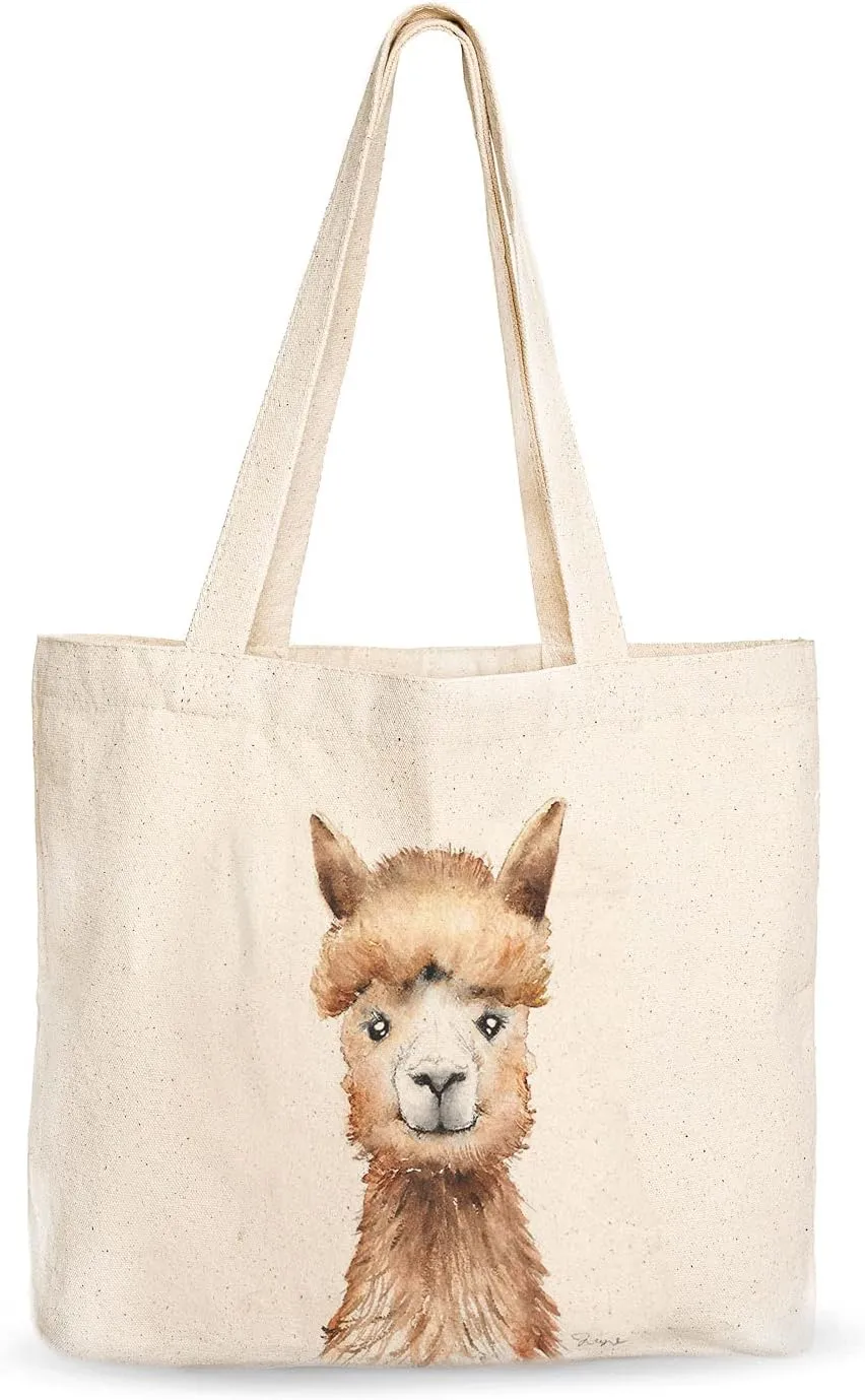 Canvas Tote Bag, Animal Design, Heavy Duty Gusseted, 100% Natural Cotton, for Shopping, Grocery, Laptop (T-ALPACA-XL)