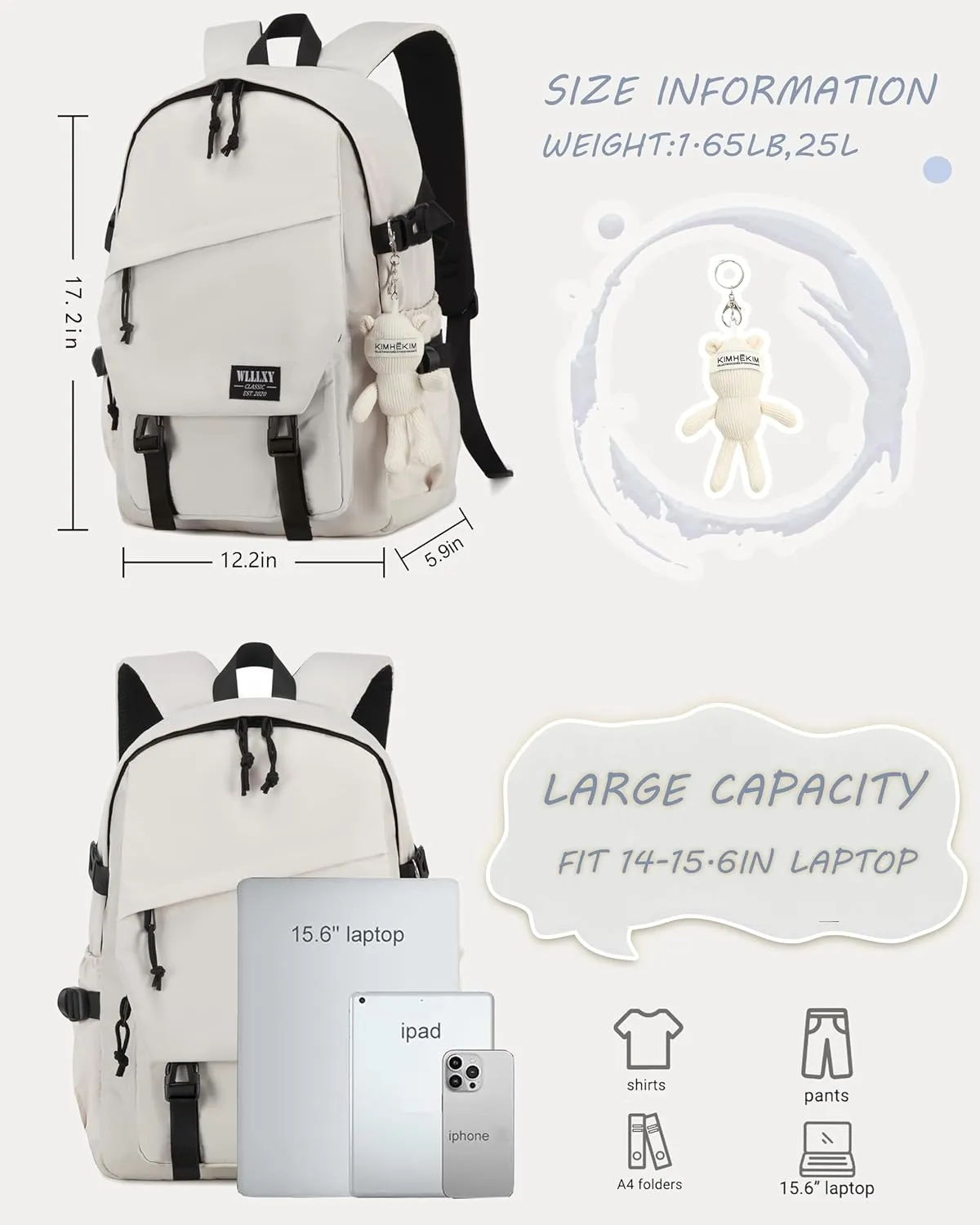 Caoroky knight College School Bag for Men Women Laptop Backpack 15.6 Inch Anti Theft Travel Daypack Large Elementary Middle High Bookbags for Teens Girls Boys Students-Medium,off-white