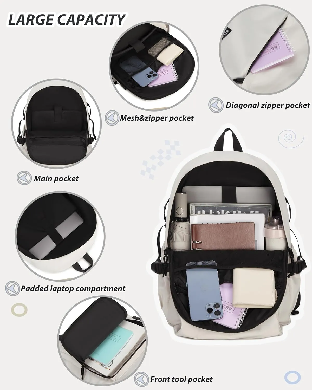 Caoroky knight College School Bag for Men Women Laptop Backpack 15.6 Inch Anti Theft Travel Daypack Large Elementary Middle High Bookbags for Teens Girls Boys Students-Medium,off-white