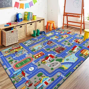 Capslpad Blue Car Road Kid Rug Carpet Playmat for Playoom Traffic Road Kids Play Mat for Toddler Non Slip Washable City Map Race Track Carpet Rug for Kids Room Bedroom Nursery Room Decor,5'x 6'6"