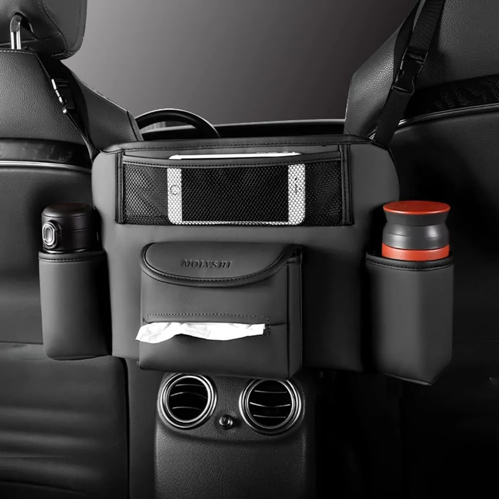 Car Handbag Holder Net Pocket, Car Purse Handbag Between Seats with Cup Holder, Car Handbag Holder for Front Seat, Large Capacity Car Organizer for Storage, Barrier of Backseat Pet Kids(Black)