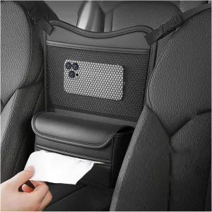 Car Organizer Storage Between Seats, Nappa Leather Auto Handbag Holder for Document Phone Storage, Large Capacity Automotive Console Pocket Purse, Car Accessories (Black)
