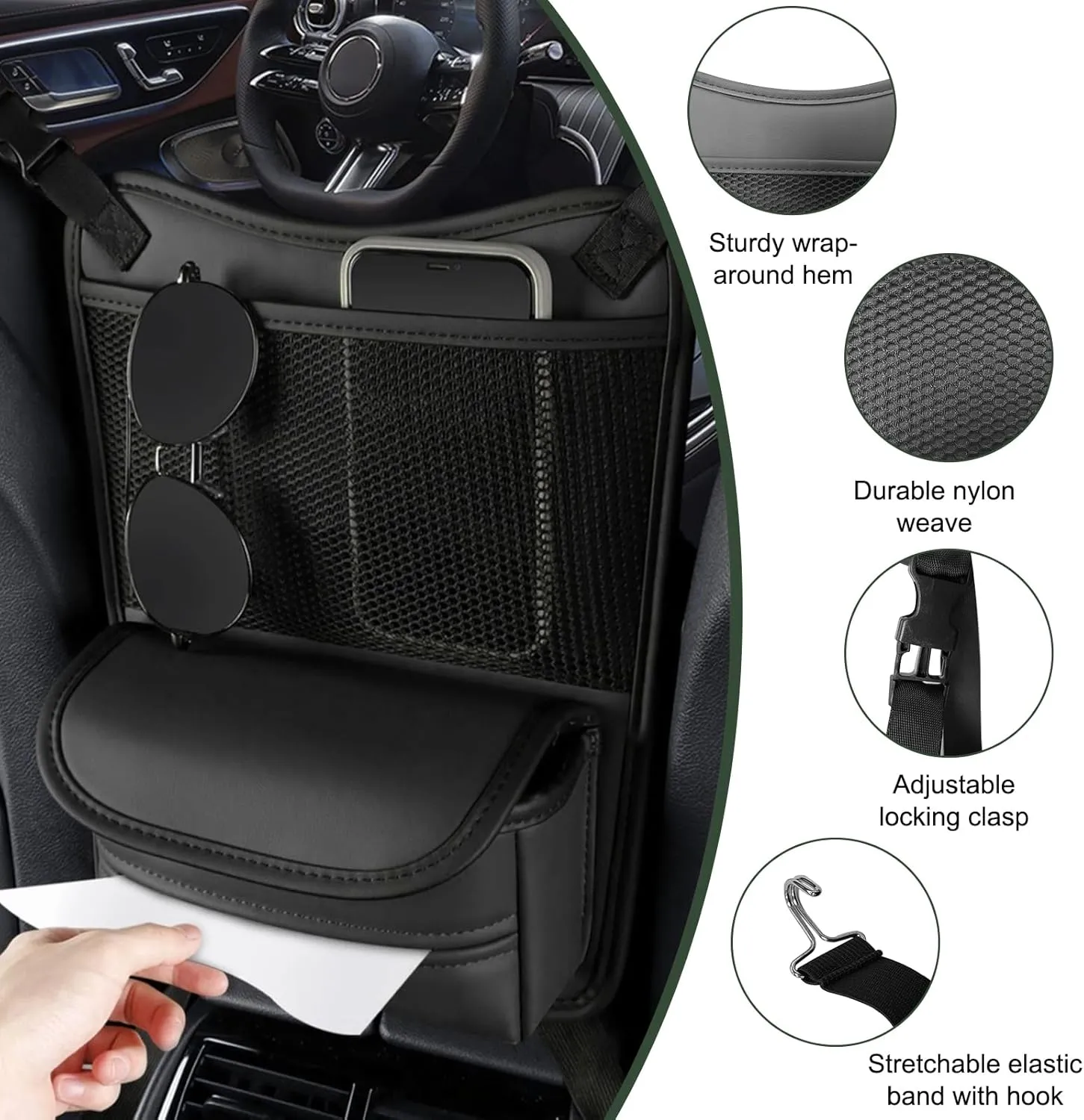 Car Organizer Storage Between Seats, Nappa Leather Auto Handbag Holder for Document Phone Storage, Large Capacity Automotive Console Pocket Purse, Car Accessories (Black)