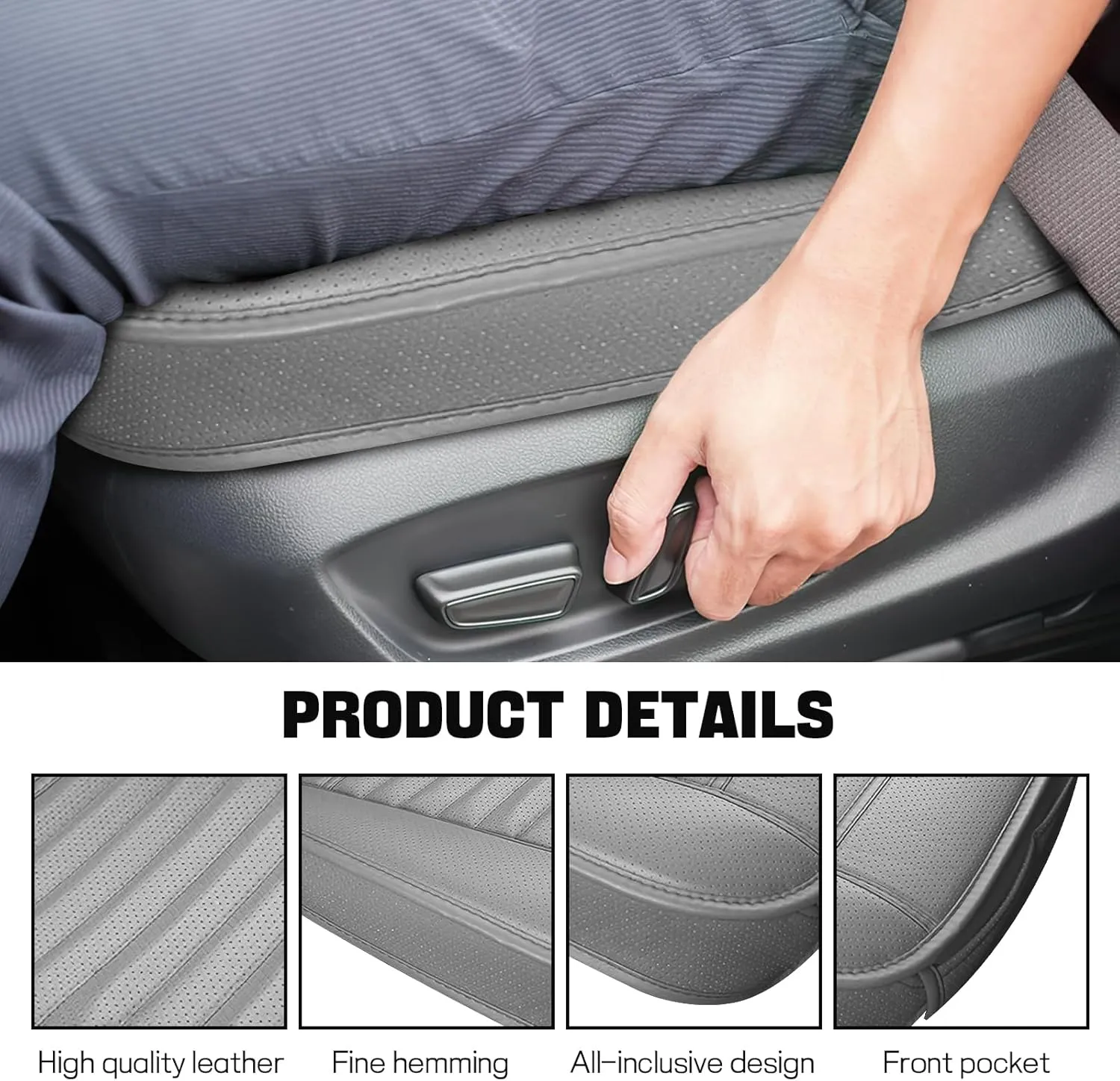 Car Seat Bottom Cover, Anti-Slip Leather Car Front Seat Cushion Pad, Full Wrap Bottom Auto Seat Protector with Pocket, Universal Front Seat Cover Cushion Mat for Most Vehicles (Gray)