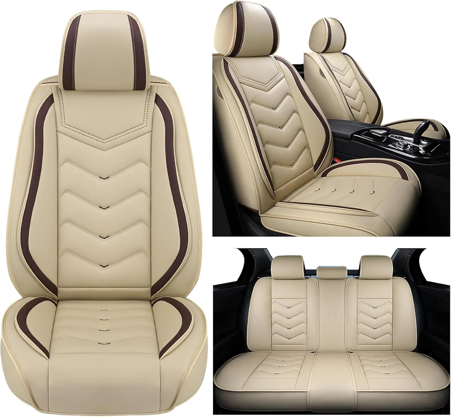Car Seat Covers for Volkswagen Atlas 2018-2025, Waterproof Nappa Leather Seat Cover, Anti-Slip Car Seat Covers, Airbag Compatible, Automobile Seat Covers Sets.(Standard 5 Seats/Beige)