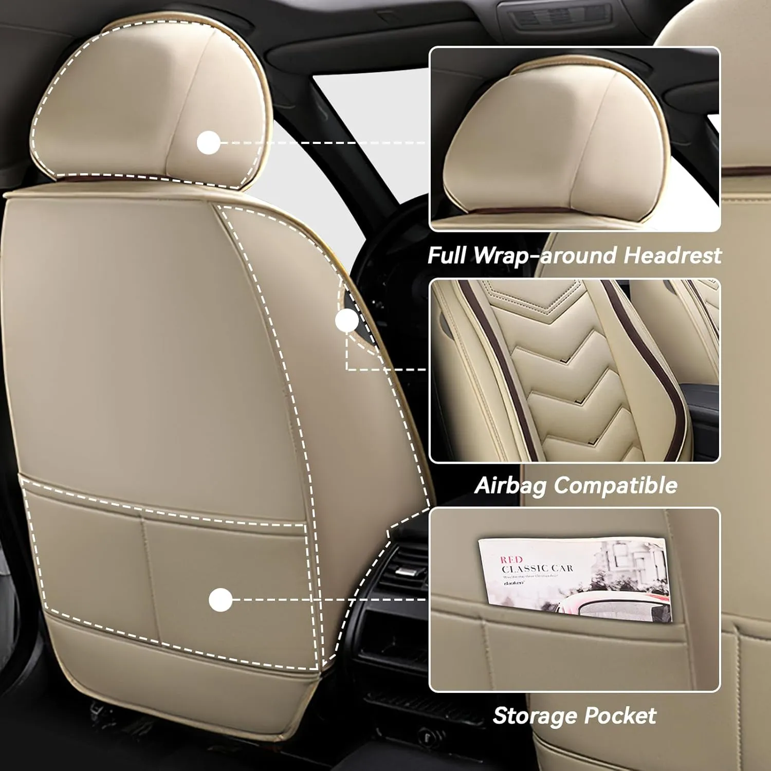 Car Seat Covers for Volkswagen Atlas 2018-2025, Waterproof Nappa Leather Seat Cover, Anti-Slip Car Seat Covers, Airbag Compatible, Automobile Seat Covers Sets.(Standard 5 Seats/Beige)