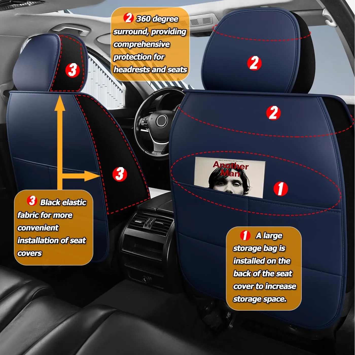 Car Seat Covers Full Set 3D Foam Back Support, 2 Front Seats Universal Fit for Most Trucks,Sedan and SUVs, Waterproof Leather Super Breathable, Storage Bags, All Season, Black   Coffee