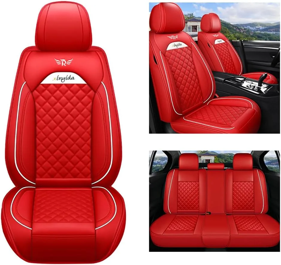 Car Seat Covers Full Set for Toyota for Tundra 2004-2025 Car Seat Protector Waterproof Leather Seat Cushion Interior Accessories MK88 Red Front Pair and Rear