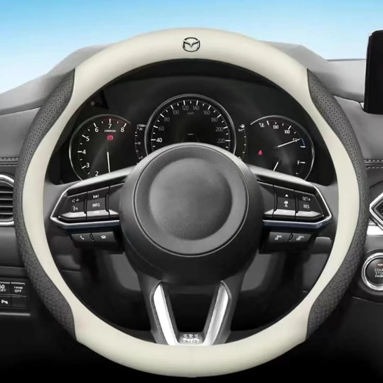 Car Steering Wheel Cover for Mazda Biante 2008-2018, Non-Slip Breathable Microfiber Leather Steering Wheel Cover, Steering Wheel Protector Interior Accessories,D White Grey