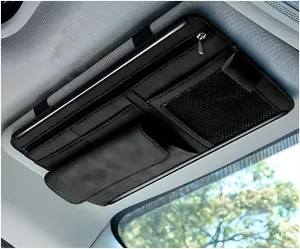 Car Sun Visor Organizer, Soft Leather Surface Eyeglasses Note Card Holder Car Storage Bag, Scratch-Resistant Waterproof Auto Sunshade Organizer Bag, Car Accessories (Black)
