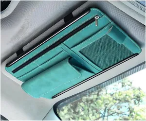 Car Sun Visor Organizer, Soft Leather Surface Eyeglasses Note Card Holder Car Storage Bag, Scratch-Resistant Waterproof Auto Sunshade Organizer Bag, Car Accessories (Blue)