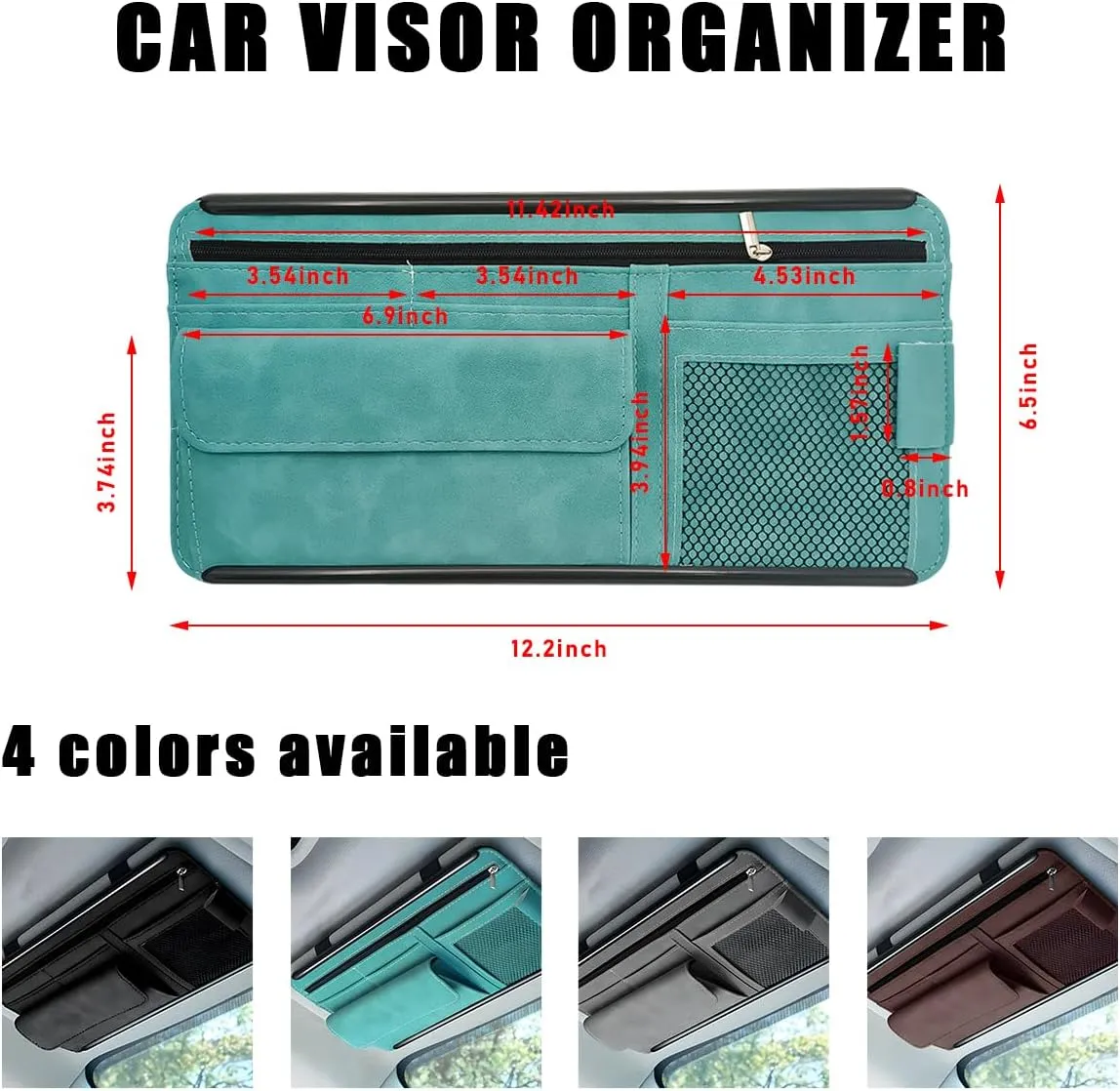 Car Sun Visor Organizer, Soft Leather Surface Eyeglasses Note Card Holder Car Storage Bag, Scratch-Resistant Waterproof Auto Sunshade Organizer Bag, Car Accessories (Blue)