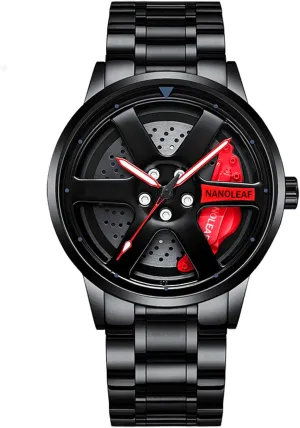 Car Wheel Watch, Stainless Steel Mens Wristwatch with Spinning Car Rim Hub Design, Japanese Quartz Movement, Water Resistant, Scratch Resistant Gifts for Car Enthusiasts