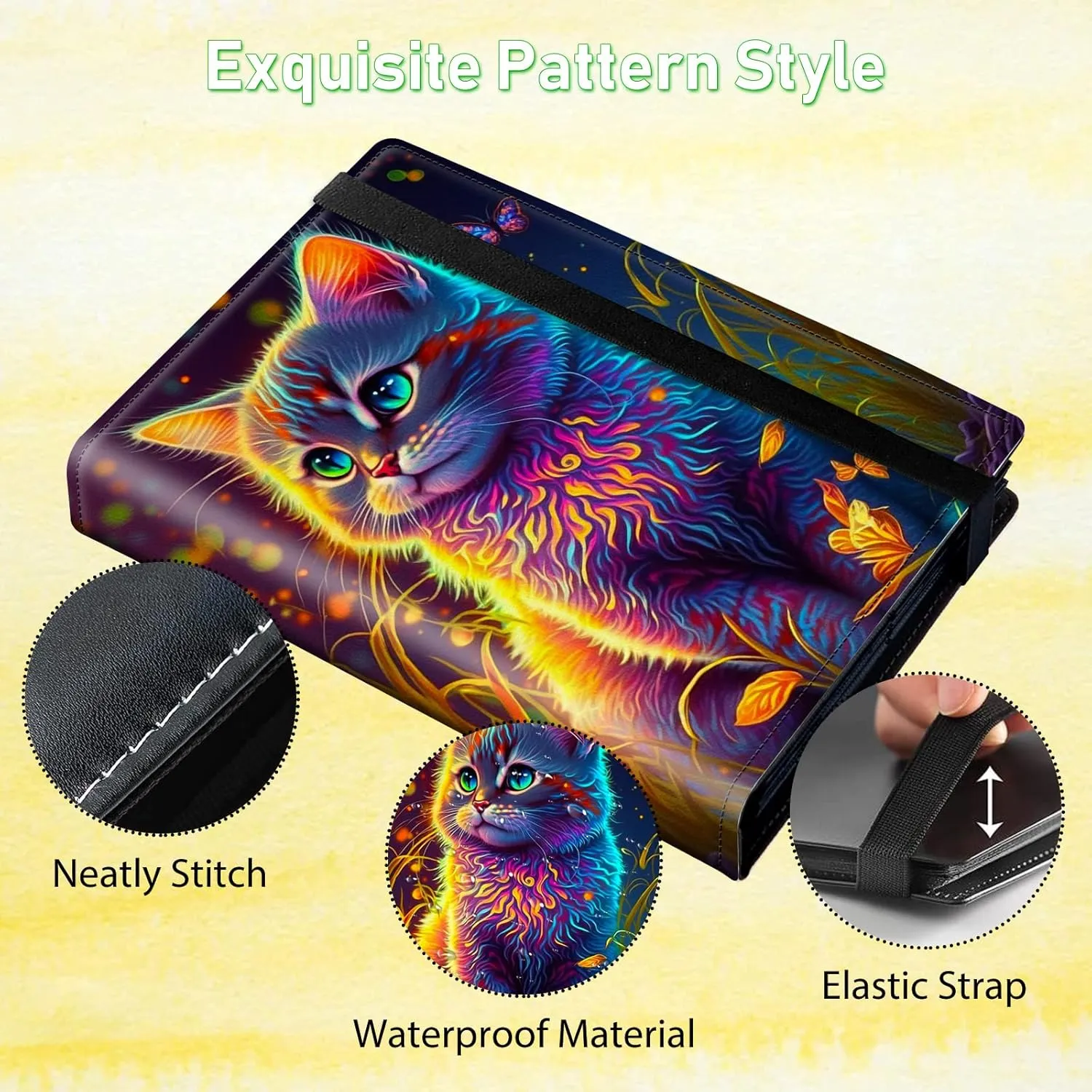 Card Binder 4 Pocket Trading Card Album Folder 400 Side Loading Pocket Binder Baseball Card Binder with Watercolor Cat Pattern Design Card Binder for Game Cards & Sports Cards